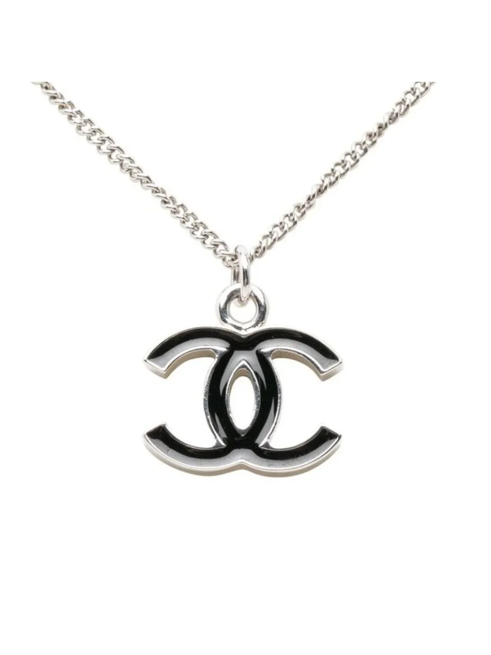 Chanel CC Logo Chain Pendant Stamp Silver Black Metal